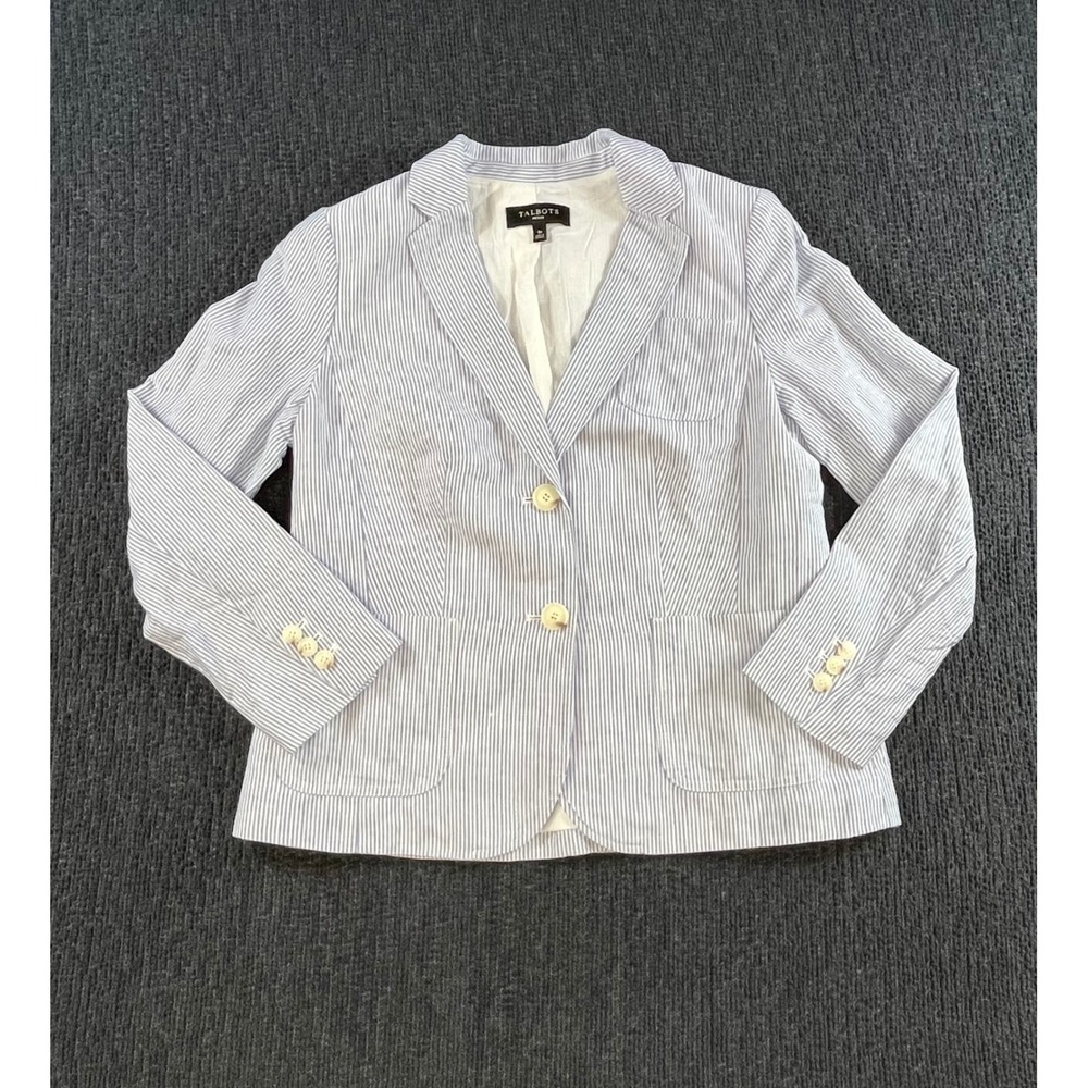 Talbots Petite Blue White Seersucker Linen Cotton Blend Blazer Jacket Sz 8P